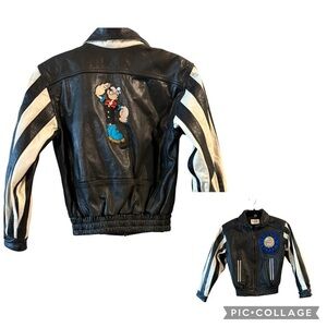 Rare VTG 1994 Popeye leather moto jacket with bold racing-style details Size XL